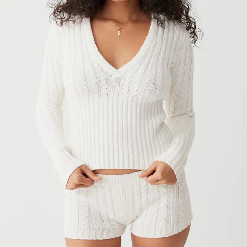 A&A It Girl Knitted 2 Piece Set Cropped Sweater and Shorts