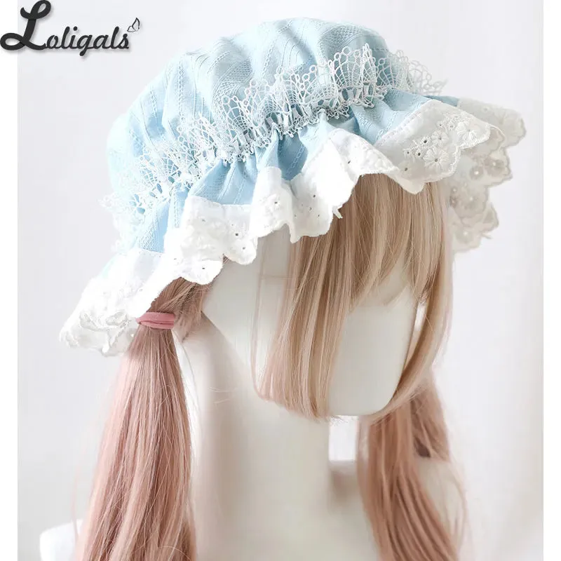 Antique Doll Bonnet Hat Vintage Girl Lolita Eyelet Lace Ruffle Sun Protection Hat