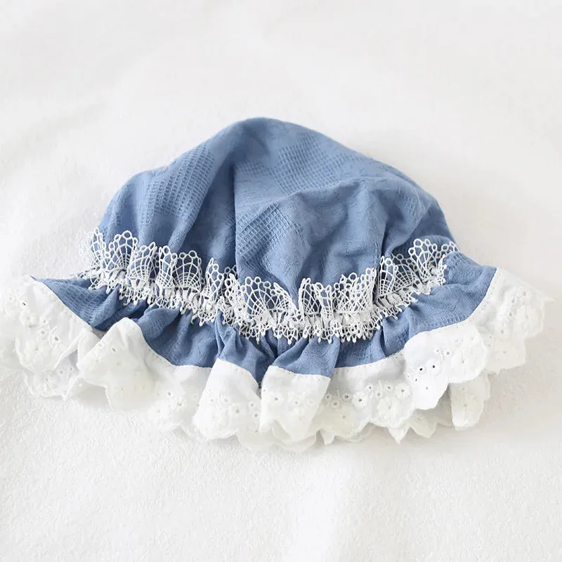 Antique Doll Bonnet Hat Vintage Girl Lolita Eyelet Lace Ruffle Sun Protection Hat