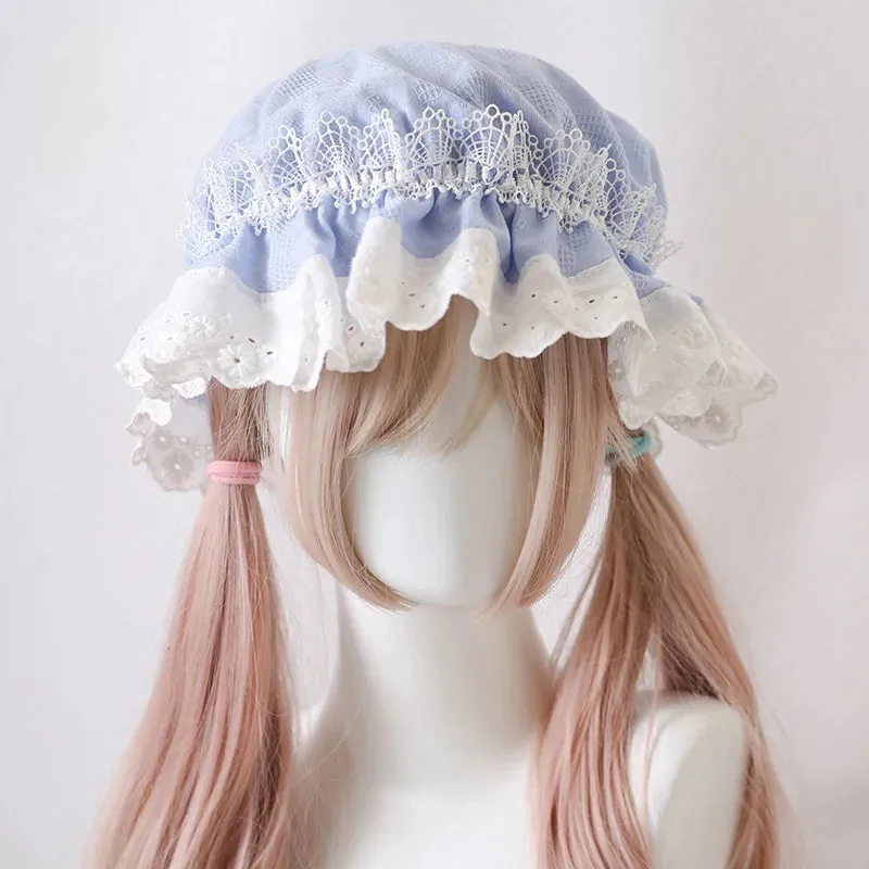 Antique Doll Bonnet Hat Vintage Girl Lolita Eyelet Lace Ruffle Sun Protection Hat