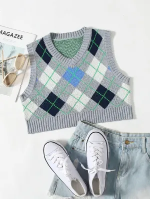 Argyle Pattern Crop Sweater Vest