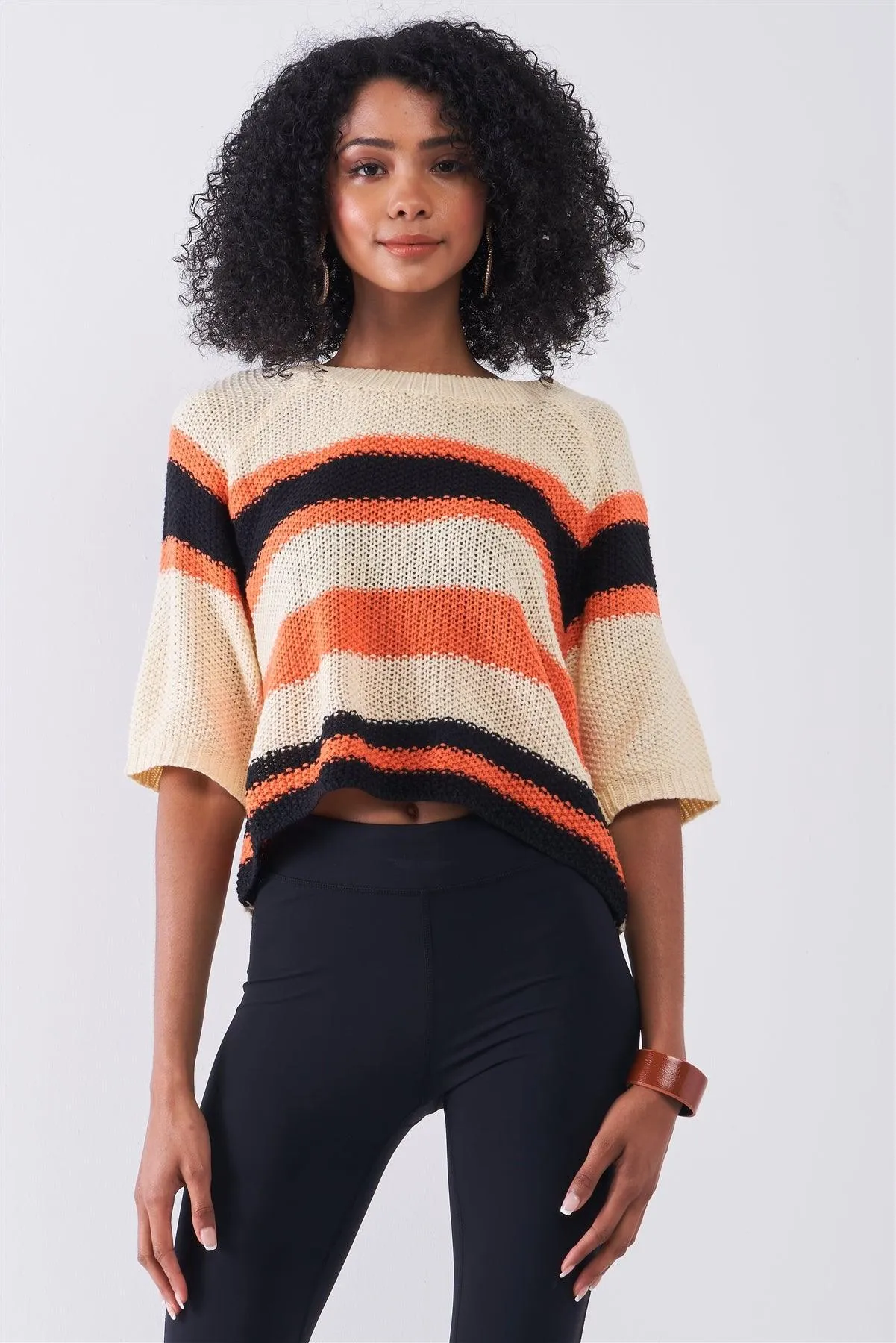 Beige Multicolor Striped Knit Wide Midi Sleeve Crop Sweater Top /1-2-2-1