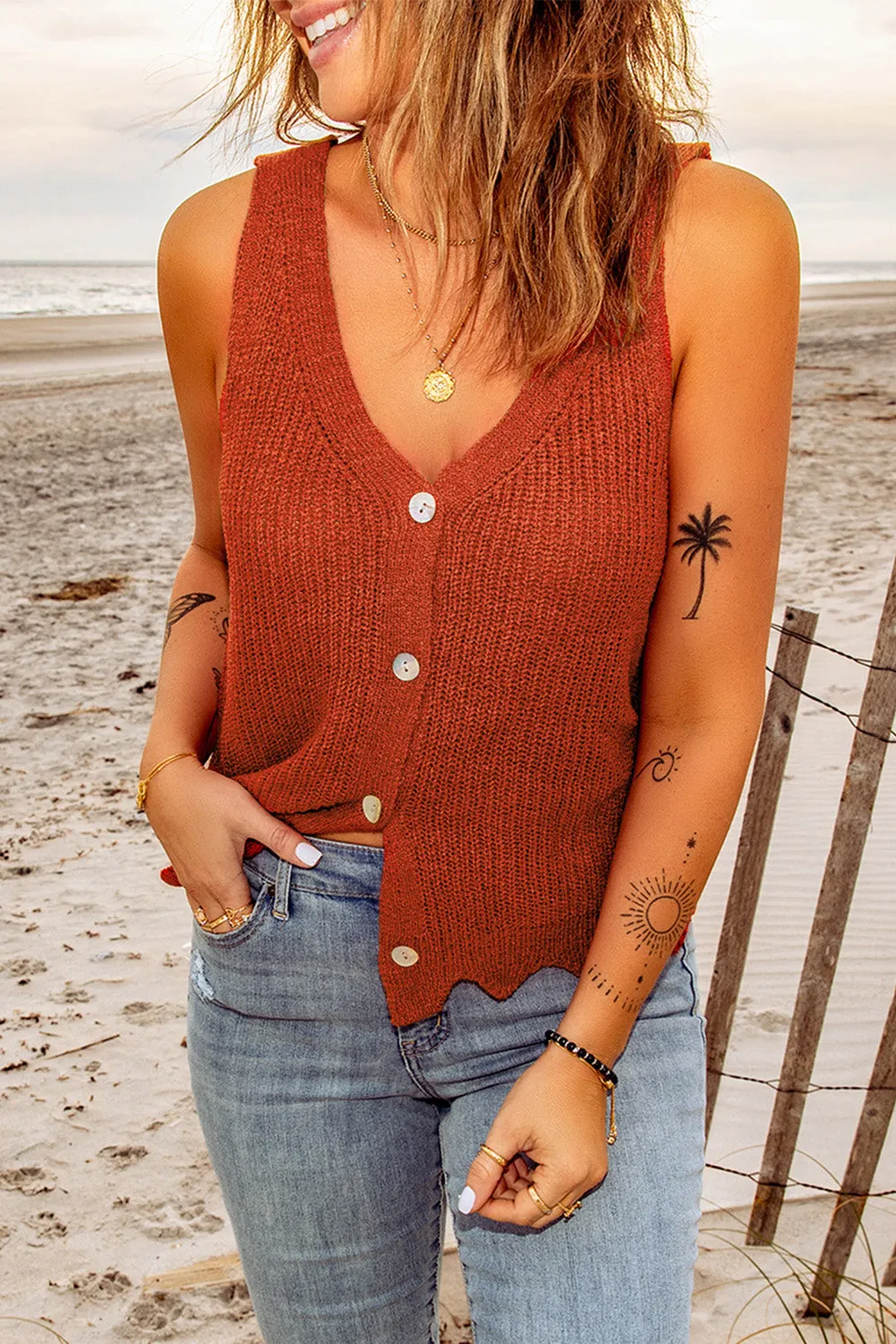 Beige Scalloped Hem Crop Sweater Tank