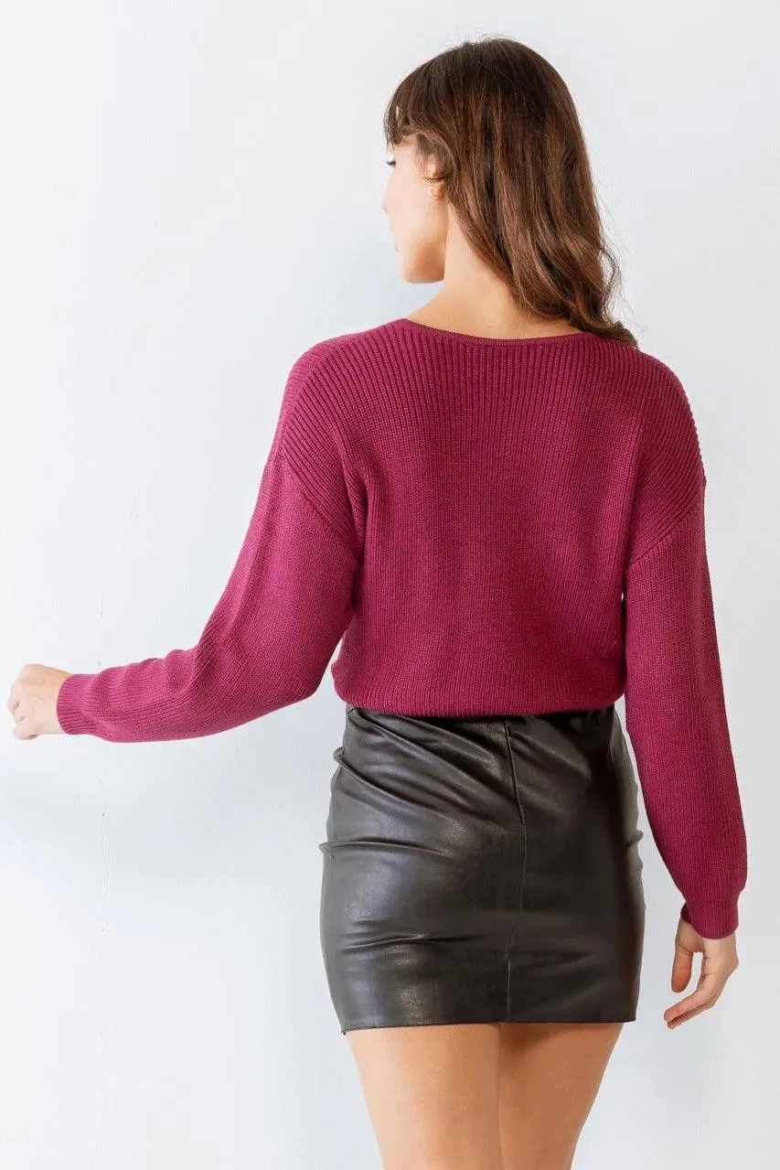 Berry Knit Twisted Detail Long Sleeve Crop Sweater /2-2-1