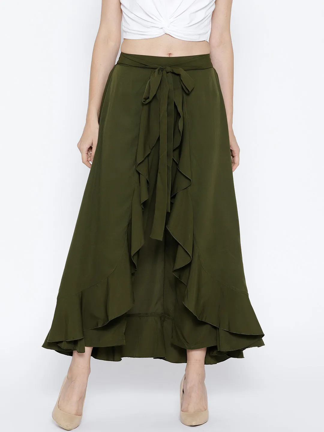 Berrylush Women Solid Olive Green Waist Tie-Up Ruffled Maxi Skirt with Attached Trousers