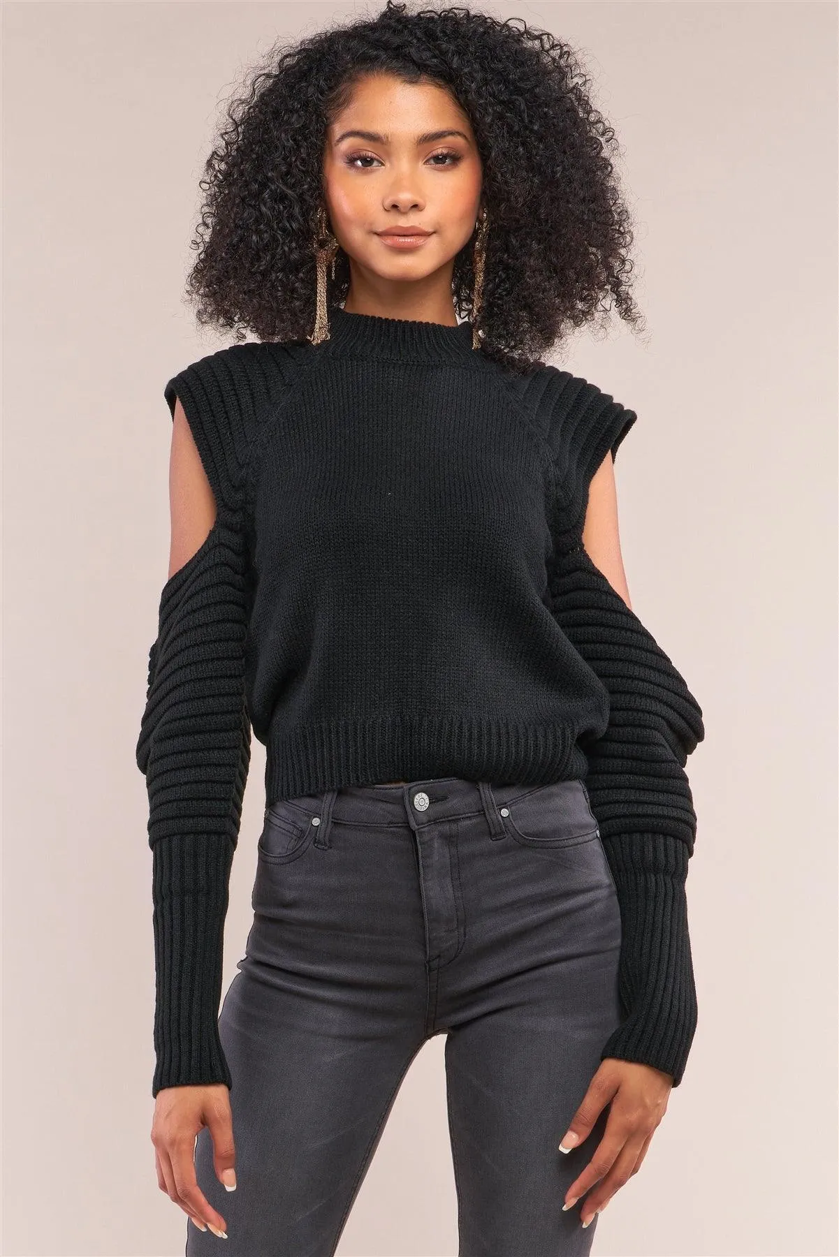 Black Knit Ribbed Neck Long Pleated Sleeve Cut-Out Detail Cropped Sweater /4-2