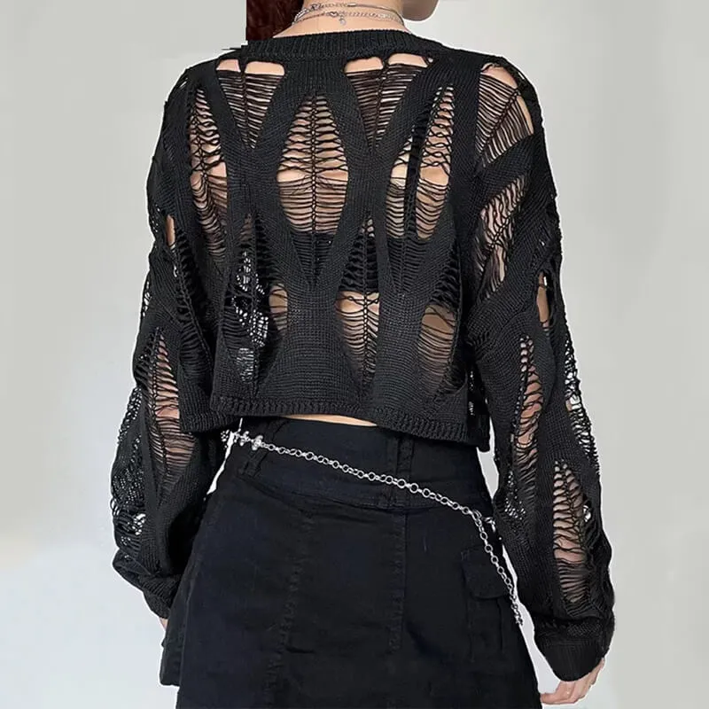 Black Knitted Grunge Ripped Crop Sweater