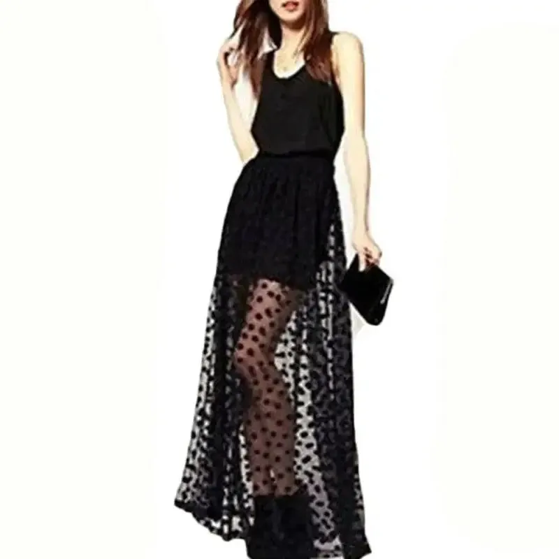 Black See Through Polka Dot Maxi Skirt