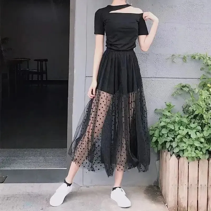 Black See Through Polka Dot Maxi Skirt