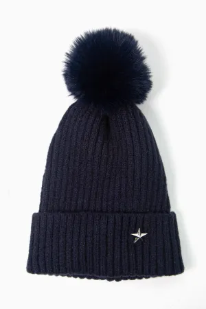 Bonnie Pom Pom Hat - Navy Blue, Silver Star