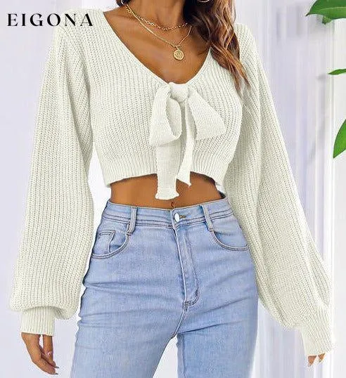 Bow V-Neck Long Sleeve Cropped Sweater