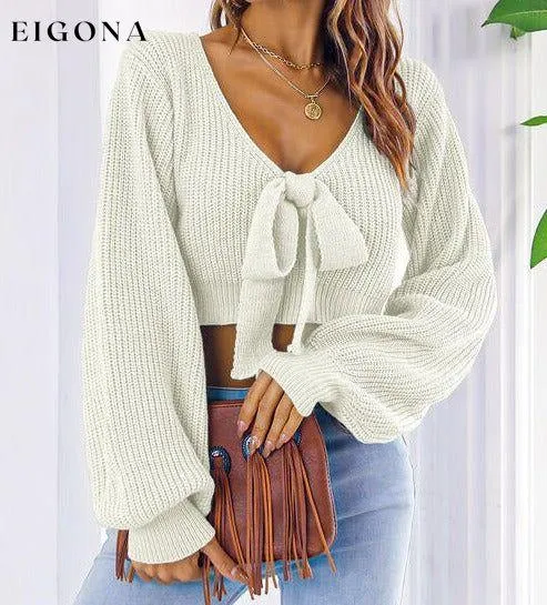 Bow V-Neck Long Sleeve Cropped Sweater