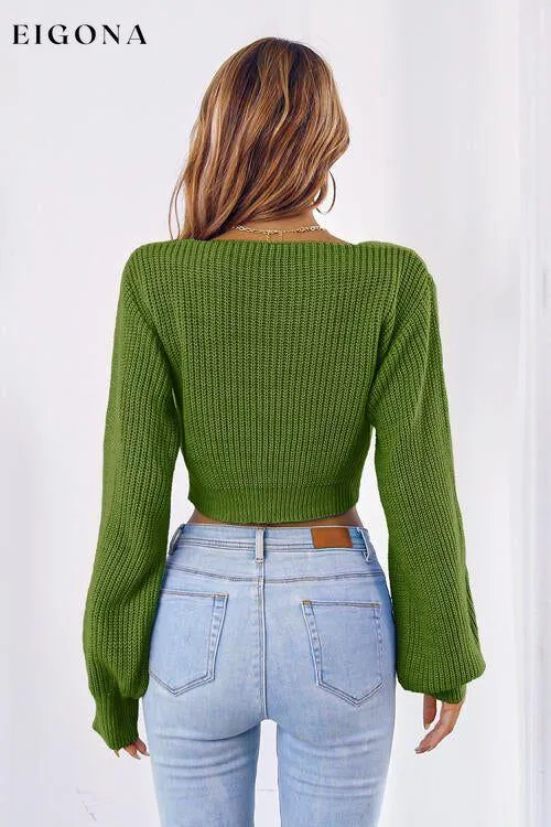 Bow V-Neck Long Sleeve Cropped Sweater