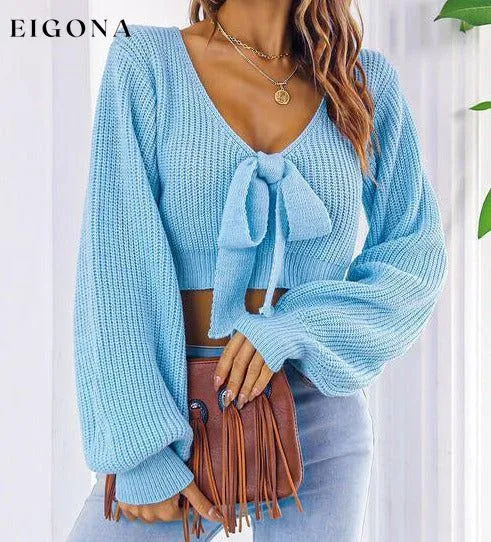 Bow V-Neck Long Sleeve Cropped Sweater