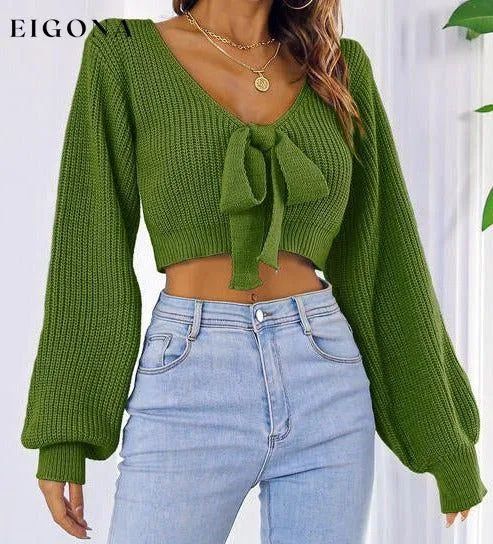 Bow V-Neck Long Sleeve Cropped Sweater