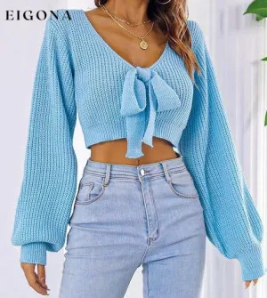 Bow V-Neck Long Sleeve Cropped Sweater