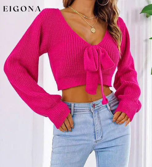 Bow V-Neck Long Sleeve Cropped Sweater