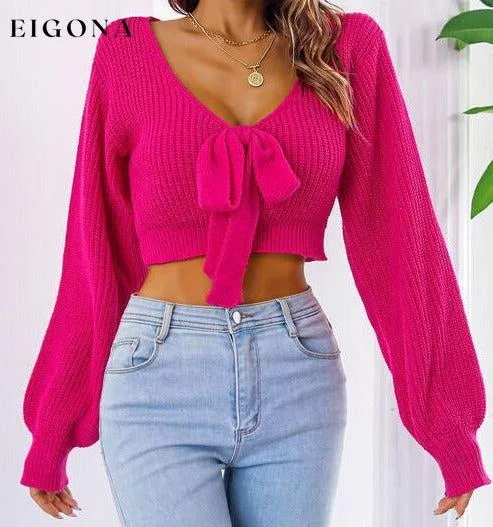 Bow V-Neck Long Sleeve Cropped Sweater