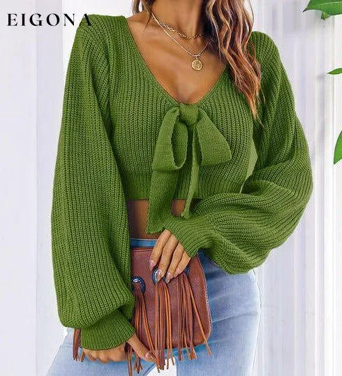 Bow V-Neck Long Sleeve Cropped Sweater