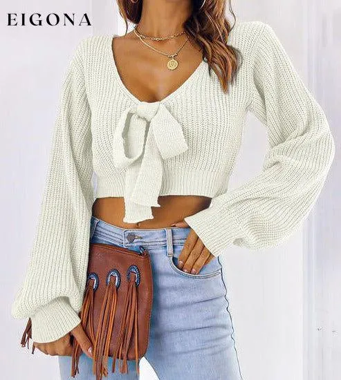 Bow V-Neck Long Sleeve Cropped Sweater