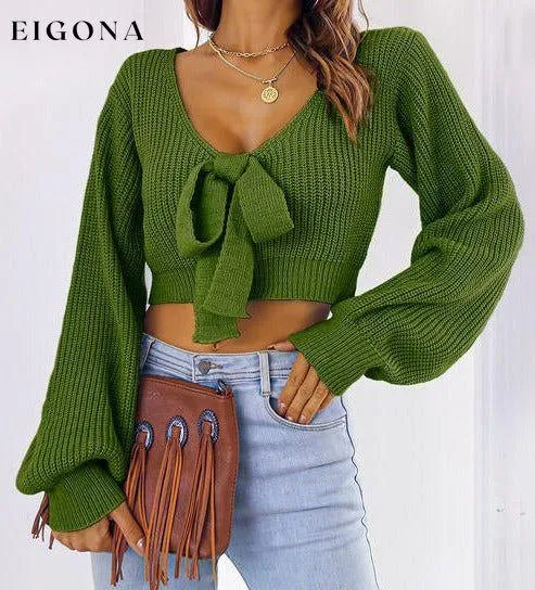 Bow V-Neck Long Sleeve Cropped Sweater