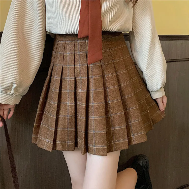 Brown kawaii college lolita doll shirt   tweed plaid skirt   cardigan sweater three piece set