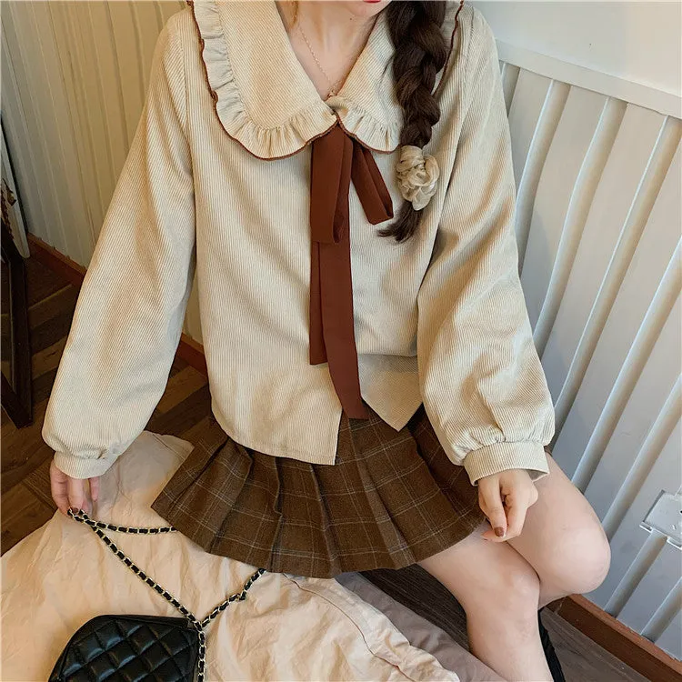 Brown kawaii college lolita doll shirt   tweed plaid skirt   cardigan sweater three piece set