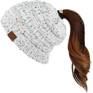 C. C Cable Knit Beanie Messy Bun/Ponytail Confetti Hat