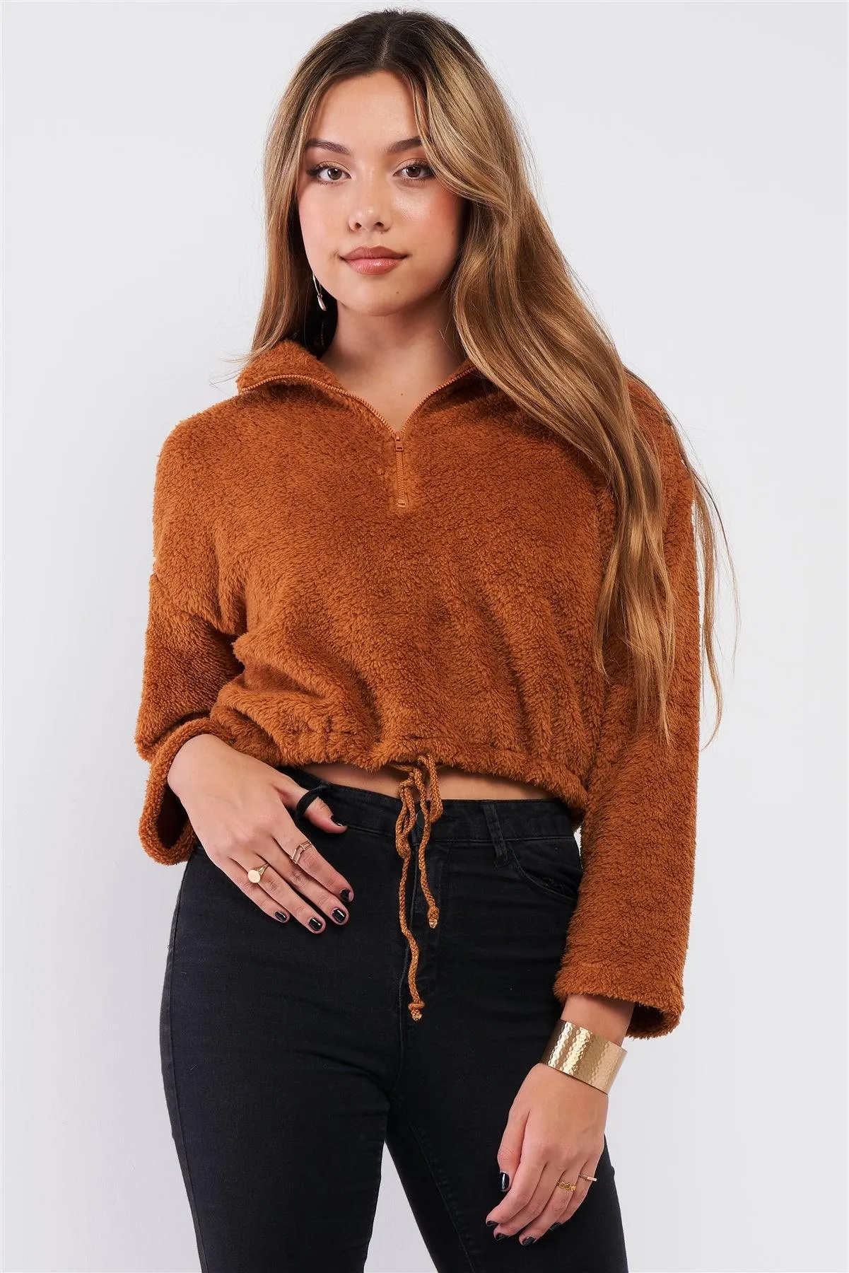 Caramel Soft Plush Collared Zip-Up Neckline Relaxed Fit Crop Sweater /1-2-2