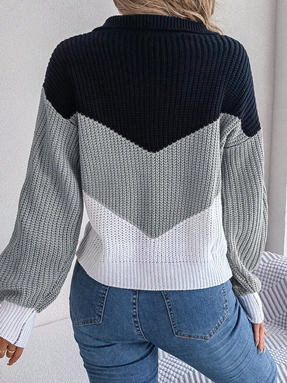 Casual Lapel Contrasting Color Long-sleeved Knitted Pullover Sweater