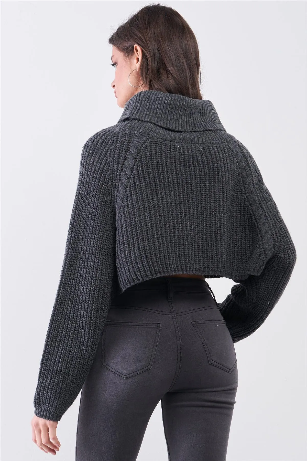 Charcoal Knit Turtleneck Balloon Sleeve Cropped Sweater