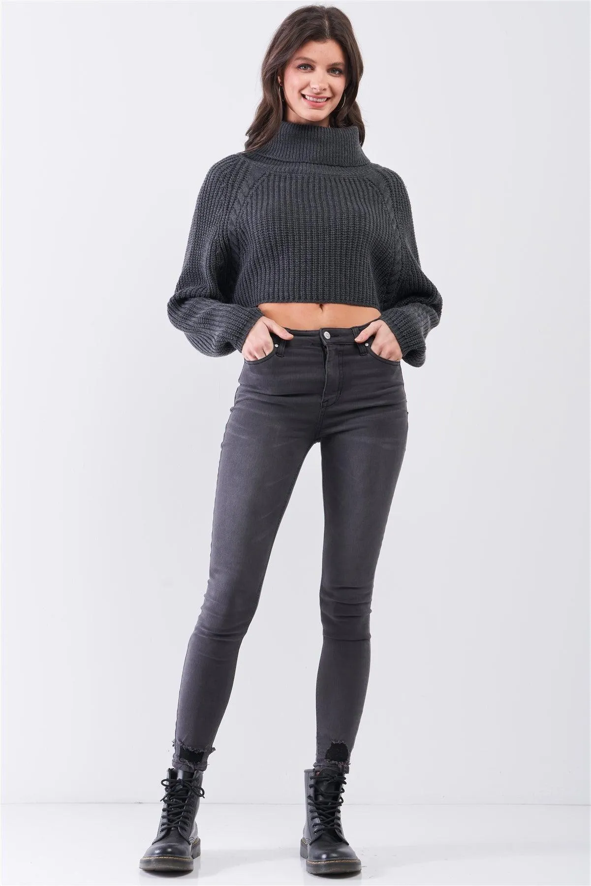 Charcoal Knit Turtleneck Balloon Sleeve Cropped Sweater