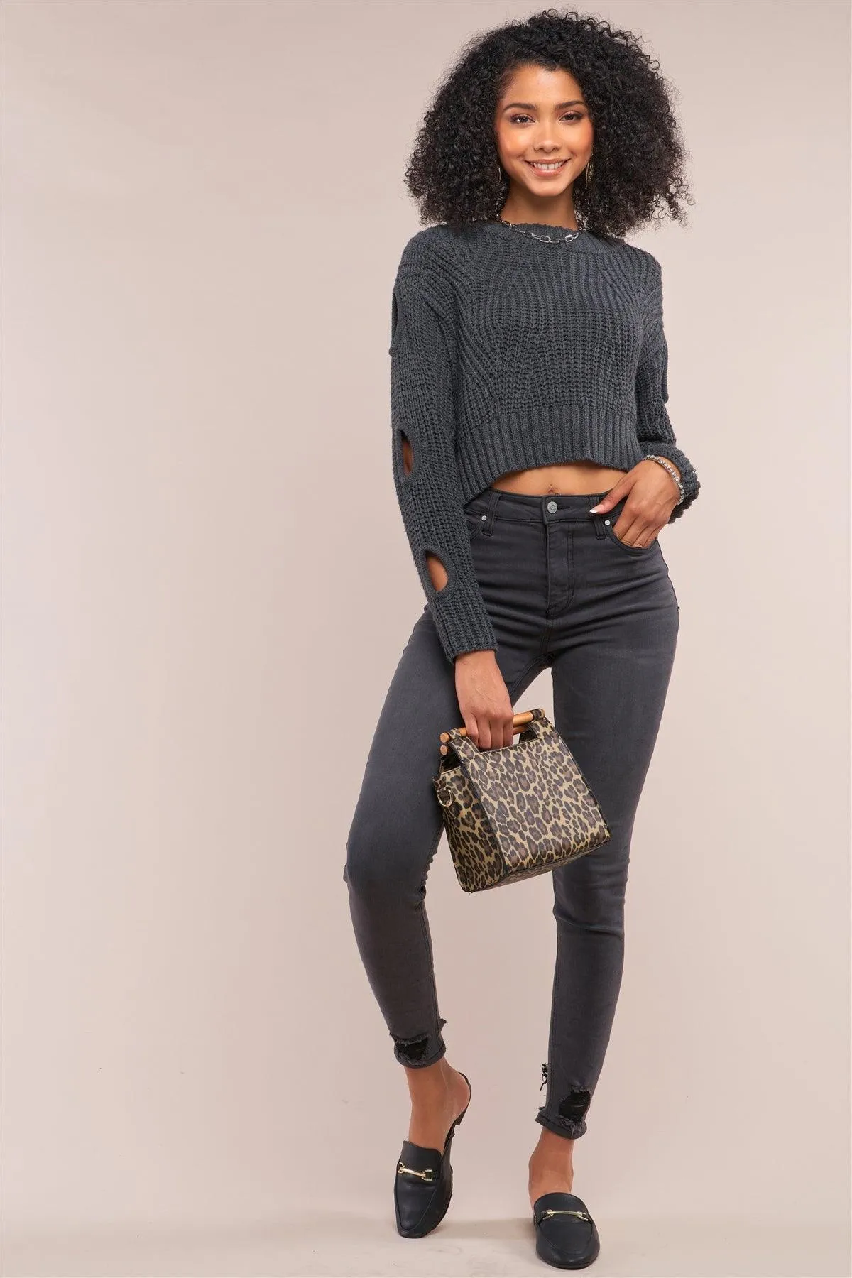 Charcoal Round Neck Long Cut-Out Detail Sleeve Cable Knit Cropped Sweater /4-2