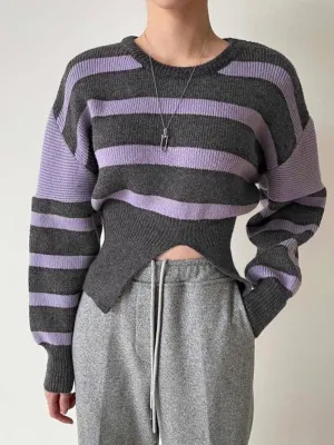 CHICMY- Stripe Asymmetric Notched Crop Sweater