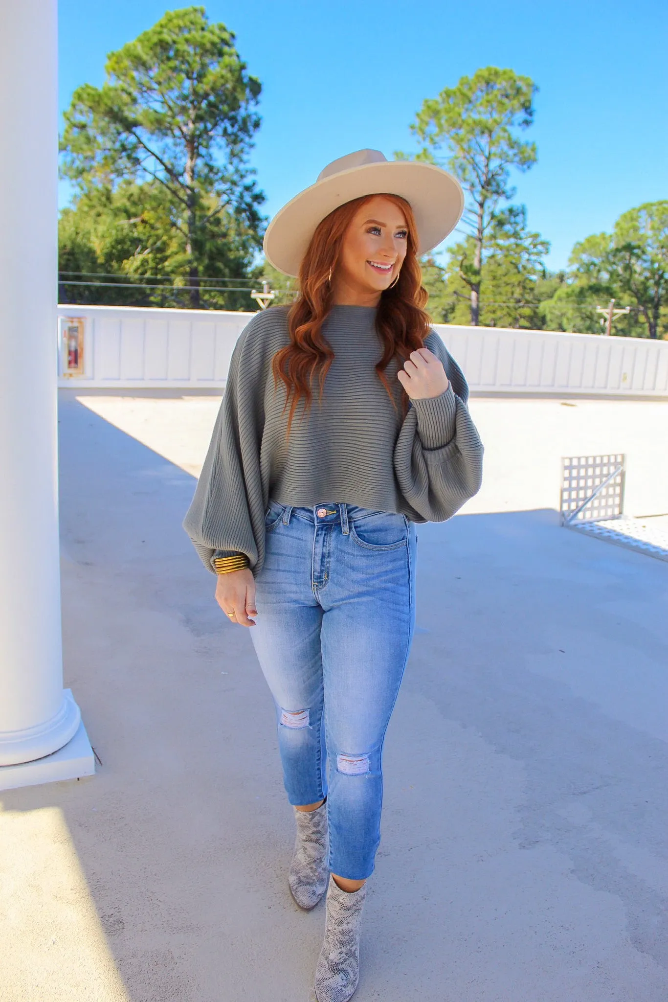 Christina Wide Sleeve Crop Sweater- Teal