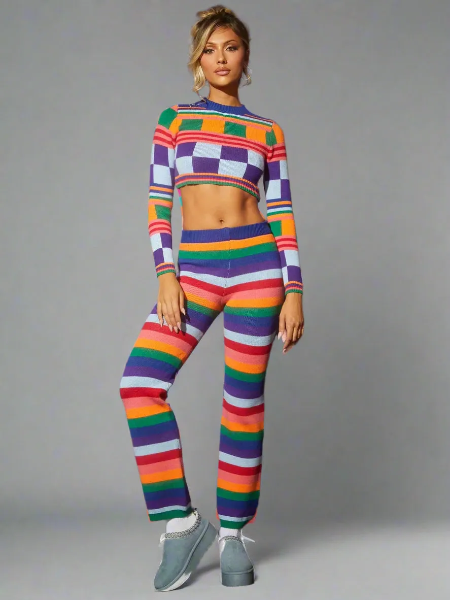 Color Striped Crop Sweater Pants Set