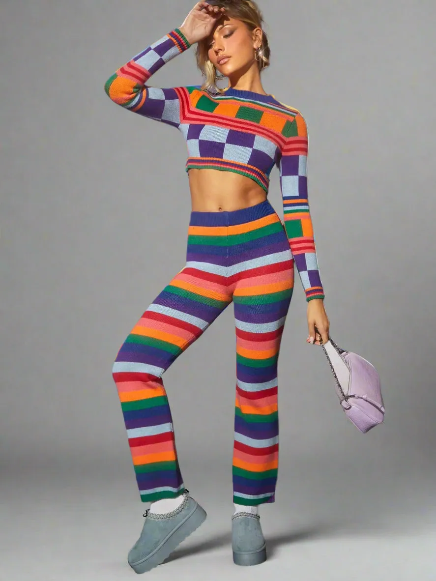 Color Striped Crop Sweater Pants Set