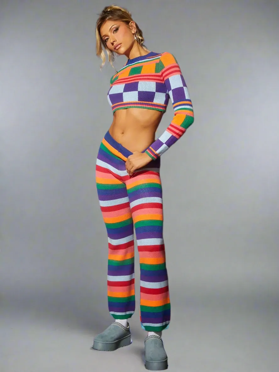 Color Striped Crop Sweater Pants Set