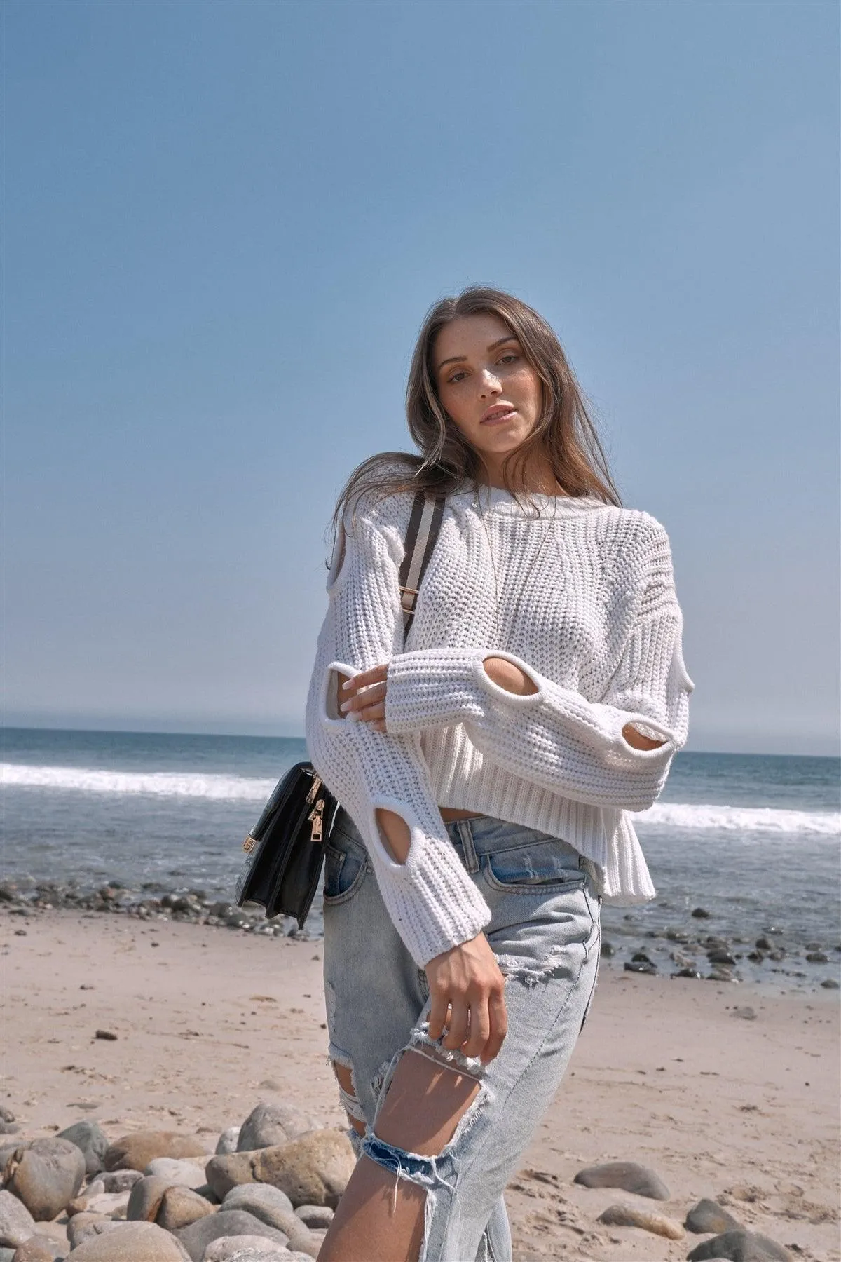 Cozy Days White Round Neck Long Cut-Out Detail Sleeve Cable Knit Cropped Sweater /4-2