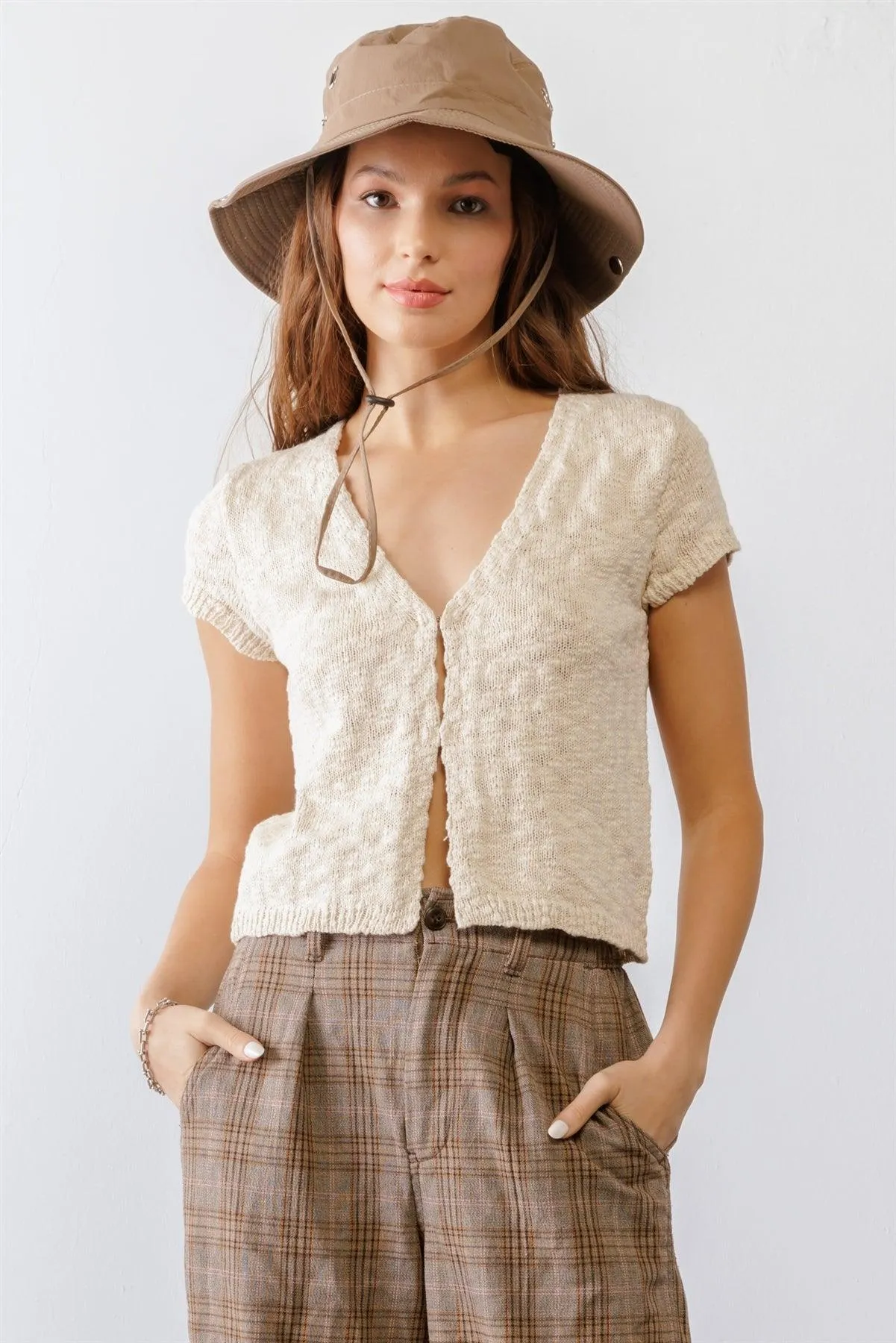 Cream Cotton Knit Short Sleeve Cardigan Crop Top /1-2-2-1