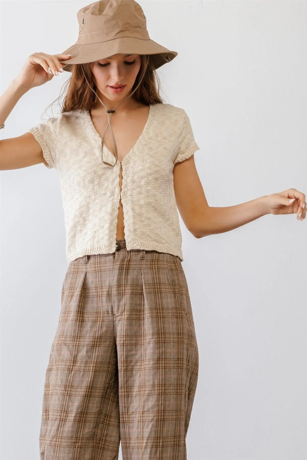 Cream Cotton Knit Short Sleeve Cardigan Crop Top /1-2-2-1