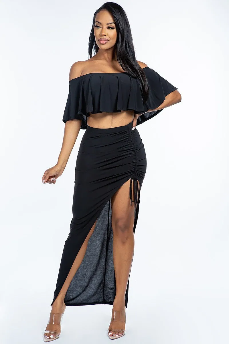 Cute Solid Ity Off The Shoulder Ruffled Cropped Top And Ruched Maxi Skirt Two Piece Set