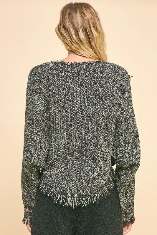 DAVI & DANI Fringe Hem Overlapping Asymmetrical Crop Sweater