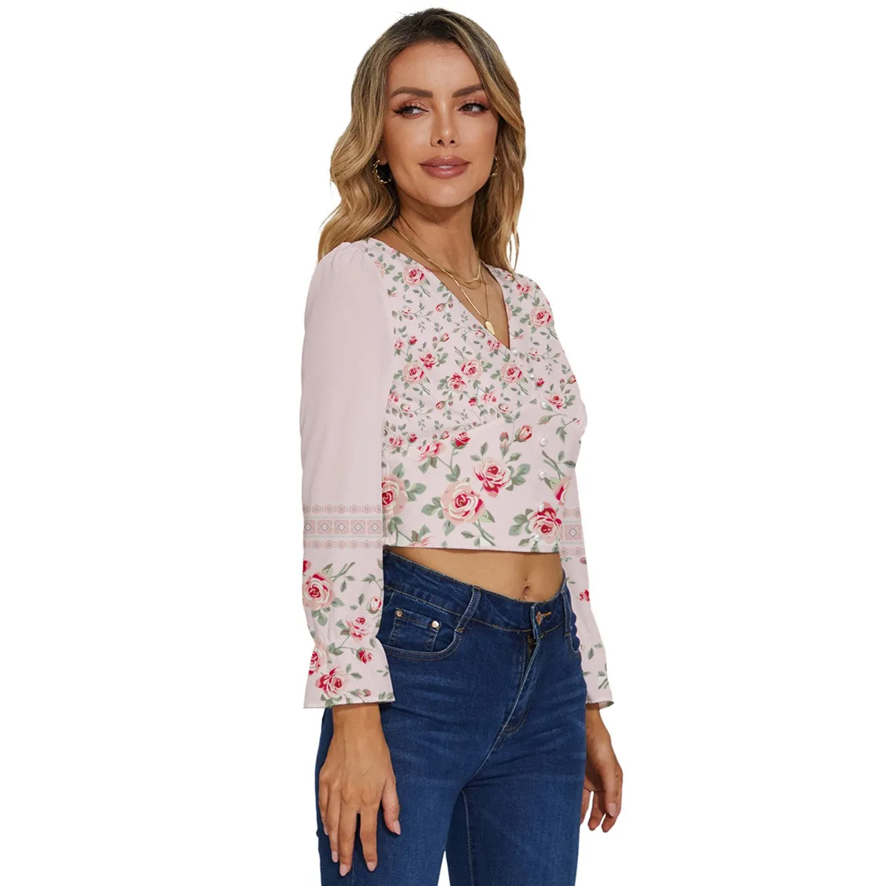 Dressy Floral Long Sleeve Linen V-Neck Top