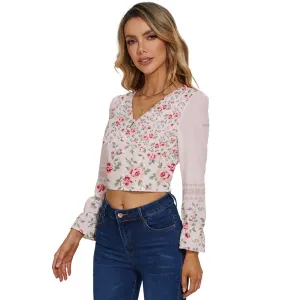 Dressy Floral Long Sleeve Linen V-Neck Top