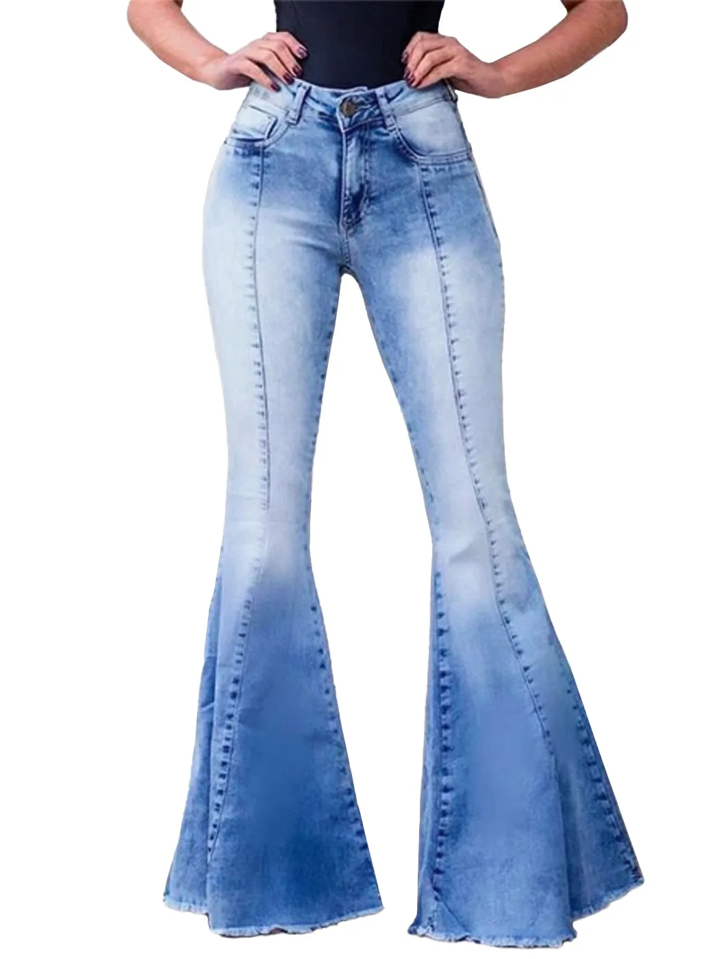 Elastic Waist Distressed Flared Long Bell Bottom Denim Jeans