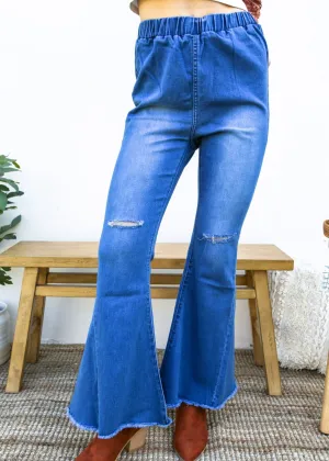 Elastic Waist Distressed Flared Long Bell Bottom Denim Jeans