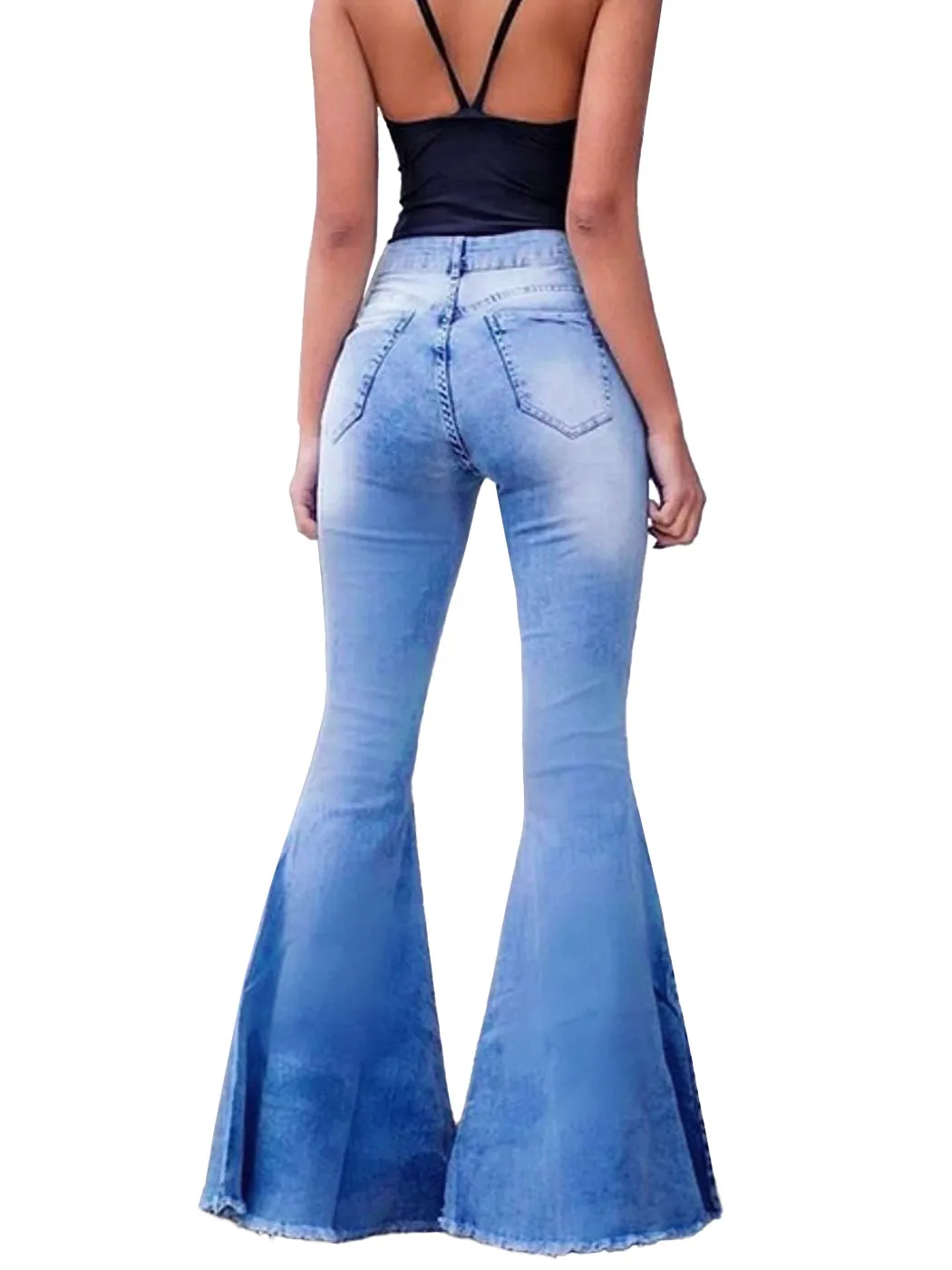 Elastic Waist Distressed Flared Long Bell Bottom Denim Jeans