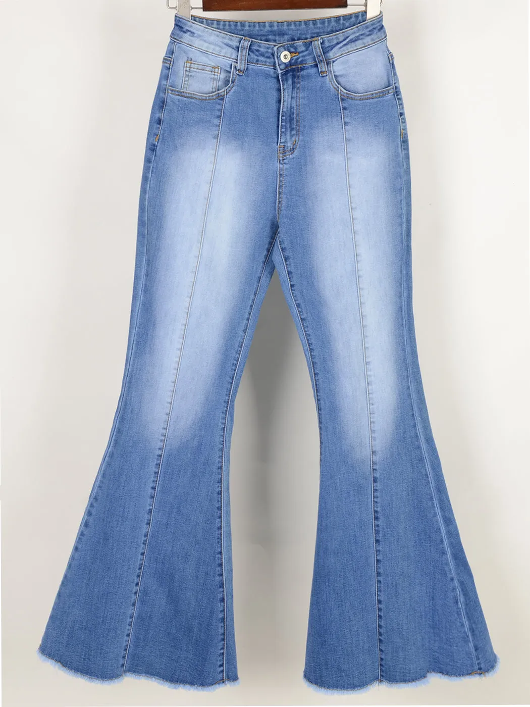 Elastic Waist Distressed Flared Long Bell Bottom Denim Jeans