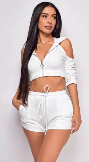 Enough Of You White Crop Hoodie Sweater & Shorts Lounge Set